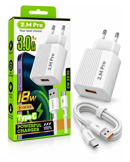 شاحن 18W QC3.0 3.0A مع كابل Type-C 2.M Pro 2M 2030