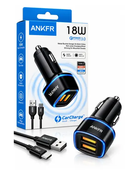 شاحن سيارة 18W منفذين QC3.0 ANKFR